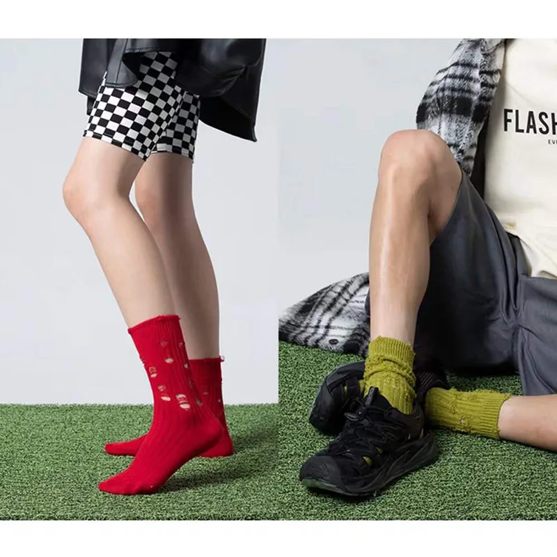 Worn-out Crew Socks for Women Men 5 Pairs 6 Pairs per Set Ribbed Orange Cotton Knee High Distressed Socks