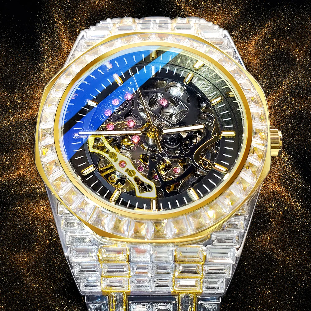 Hiphop MISSFOX Automatic Men Mechanical Wristwatches Gold Fully Iced Out Watches AAA Male Steel Luxu