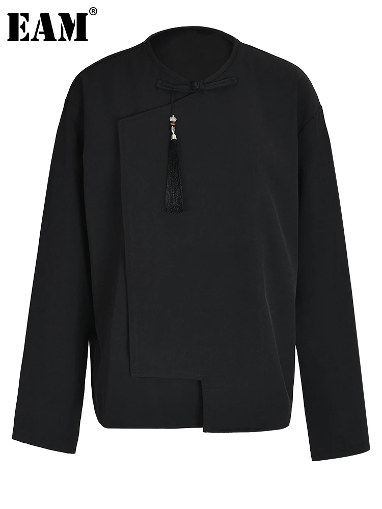 

[EAM] Women Black Tassels Big Size Vintage Blouse New Stand Collar Long Sleeve Shirt Fashion Tide Spring Autumn 2023 1DH1474