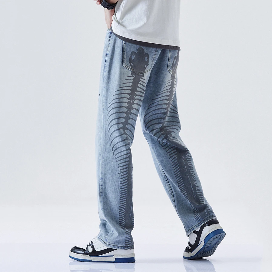 Men's Jeans High Street Fishbone Printed Jeans Men's Korean Version of The Trend of Loose Straight Wide-leg Pants Ins Hot Sale