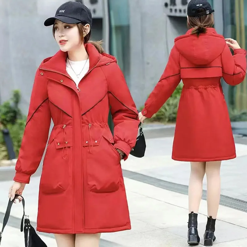 High-End Parker Down Jacket Women Winter 2022 New 90 White Duck Down Medium Length Hooded Waist Matching Thick Warm Coats Female