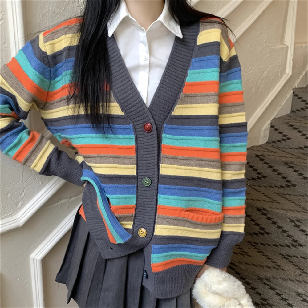 

HziriP Winter Loose Coats OL Women Office Lady Slim New Chic Warm All Match Casual 2022 Gentle Striped Cardigans Sweaters