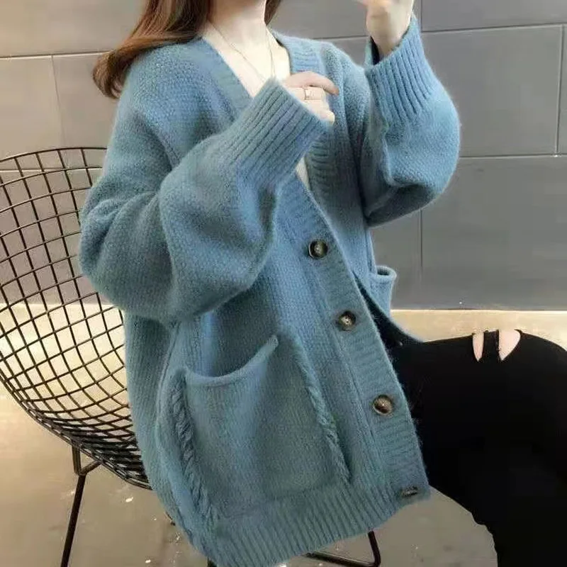 

Autumn New Knitted Sweater Cardigan 2022 V-neck Long-sleeved Pocket Top Loose Korean Version Solid Color Cardigan Coat Women