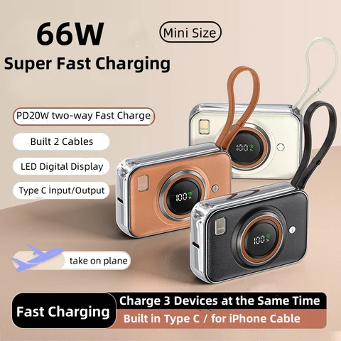 66 Вт Power Bank с быстрой зарядкой 10000 мАч Портативное зарядное устройство Powerbank с кабелем PD20W Type C для iPhone 16 15 Запасной аккумулятор Samsung