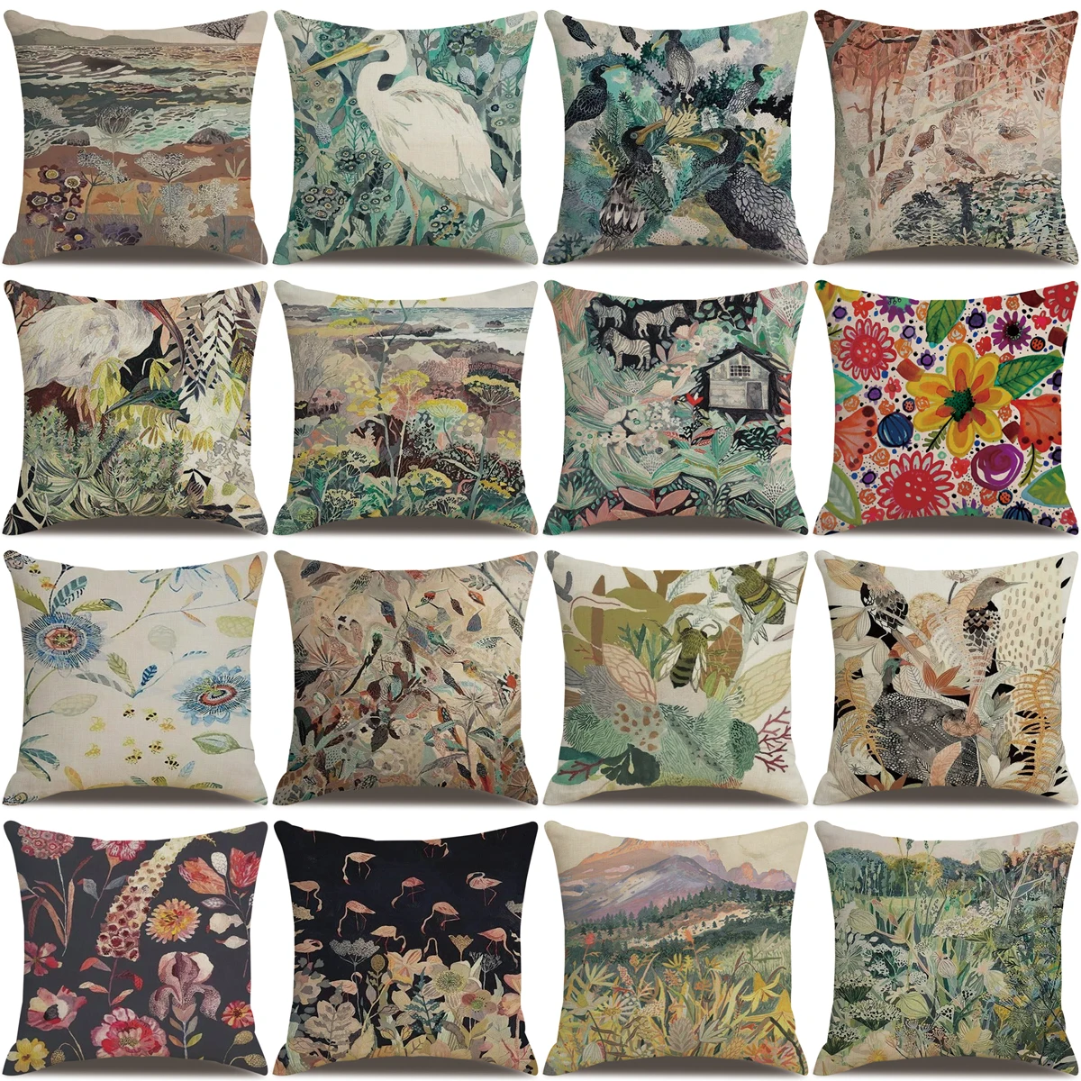 

ZHENHE Vintage Flower Seas and Birds Linen Pillow Case Home Decoration Cushion Cover Bedroom Sofa Decor Pillow Cover 18x18 Inch