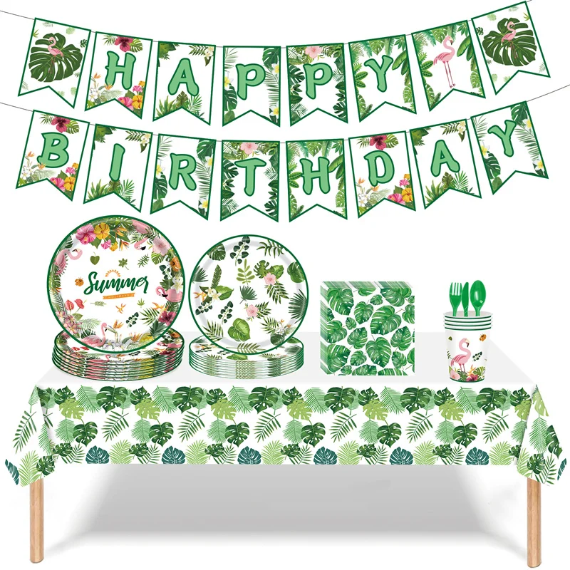 

Набор одноразовой бумажной посуды с тропическими растениями