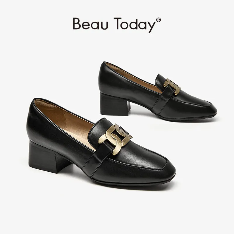 

BeauToday/женские лоферы из натуральной коровьей кожи с круглым носком, украшенные металлической цепочкой; Повседневная женская обувь без шнуровки на среднем каблуке ручной работы; 15349