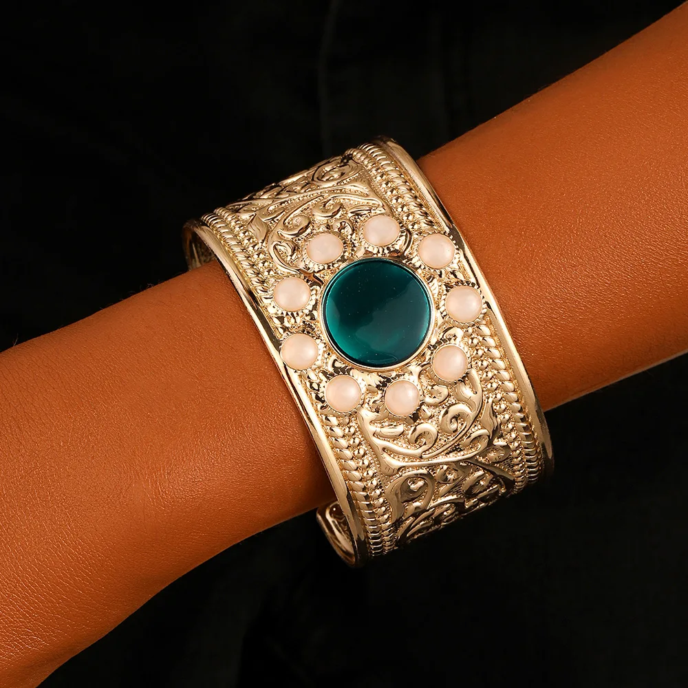 

Ethnic Style Inlaid With Blue Stones Wide Cuff Bracelet Exaggerate Metal Open Bracelet Bangles For Women Vintage Jewelry