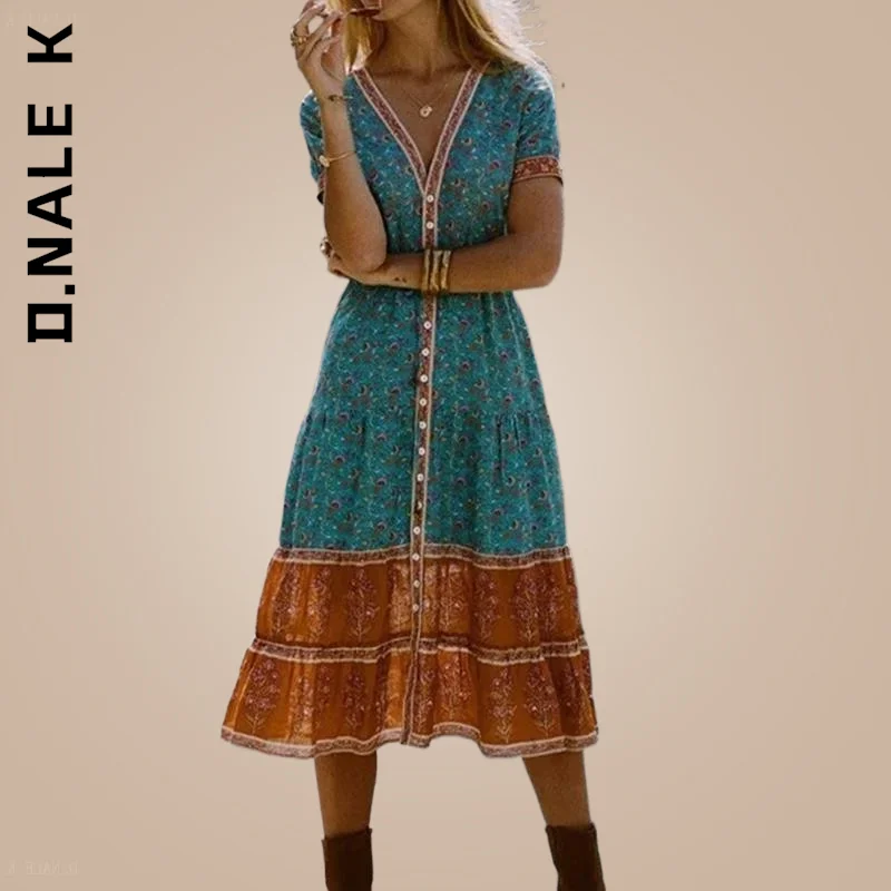 

D.Nale Strap Floral Print Dress Long High Waist 2022 New Summer Boho V-neck Single-breasted Vacation Midi Dress Woman