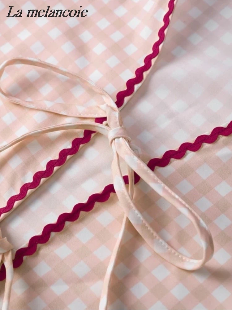 Женская свободная рубашка в клетку Повседневная блузка с завязкой форме сердца