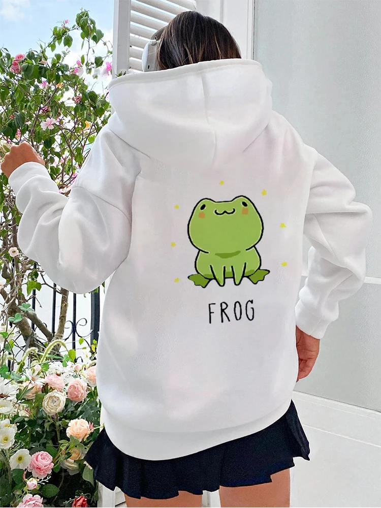 Худи женское осеннее с длинным рукавом круглым вырезом и принтом лягушки