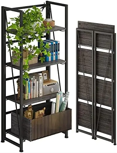 

Folding Bookshelf Storage Shelves 4 Tiers Vintage Bookcase Standing Racks Study Organizer Home Office (Rustic Brown and Black) B