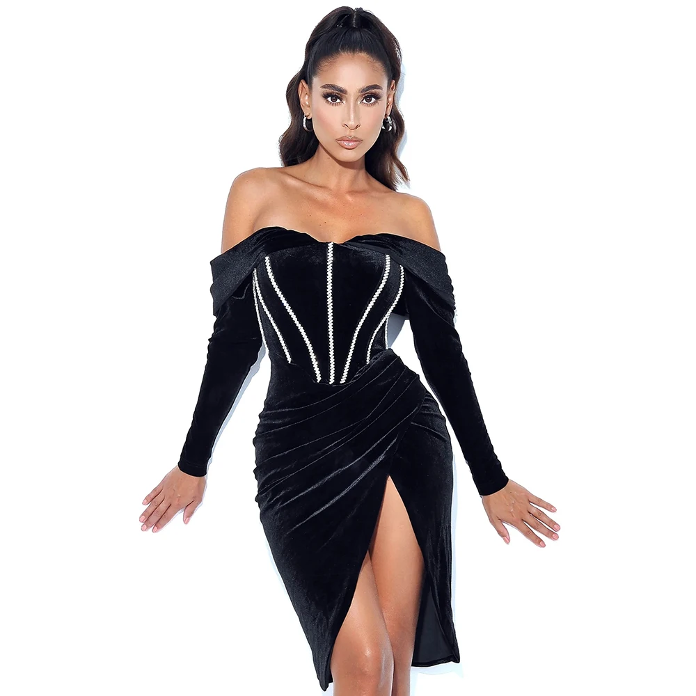

Off Shoulder Crystal Velvet Dress Long Sleeve Strapless Diamond Drape Black Bodycon Dress Night Club Celebrity Evening Party Dre