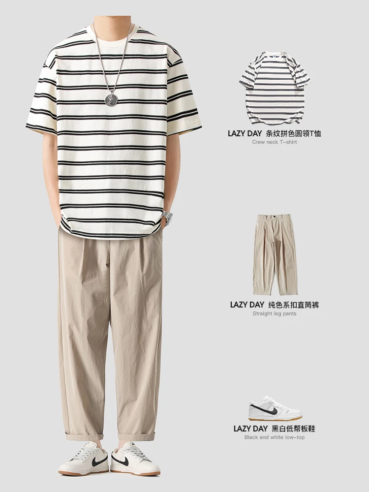 Lazy Day Original Men's Clothing Matching Japan fashion Cotton Stripe T-shirt Summer Loose Casual All-matching Short sl... |
