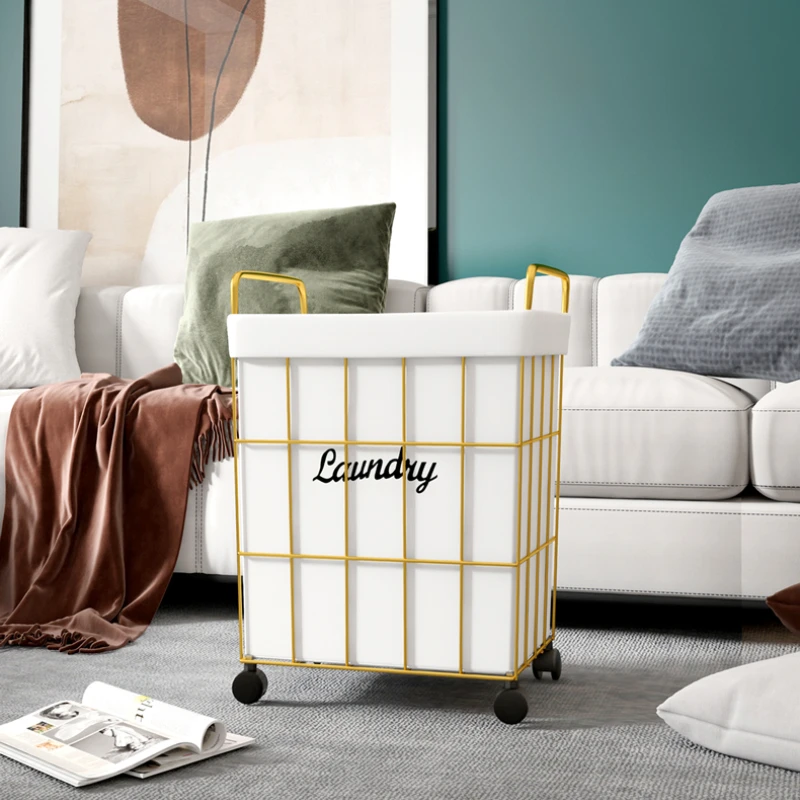

Simple Household Laundry Basket With Wheels Luxury Dirty Clothes Basket Bathroom Wrought Iron Home Sundries Storage Organizer
