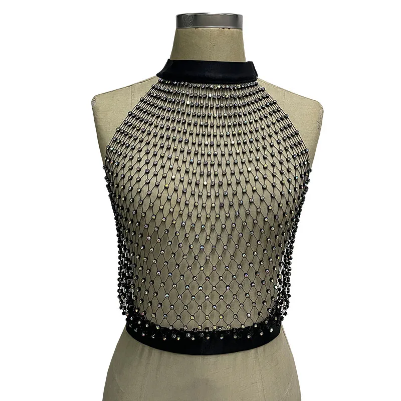 

YOUR BUMP CURVE Shiny Colorful Crystal Cutout Fishnet Elastic Waist Crop Top Sexy Ladies 2022 New Birthday Party Diamond Top