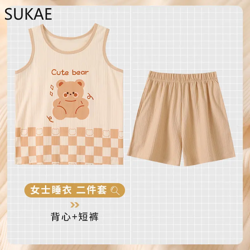 SUKAE Bear Printing Summer Cotton Sleeveless Pajamas Shorts for Women Kawaii 2 Pieces Pijama Sleepwear Lady's Casual Loungewear