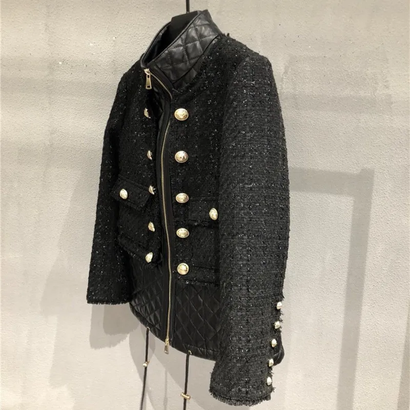 Jackets for Women Autumn 2022 Brand Loose Tweed Wool Stiching Genuine Leather Jacket Double Breasted Womens Sheepskin Coat