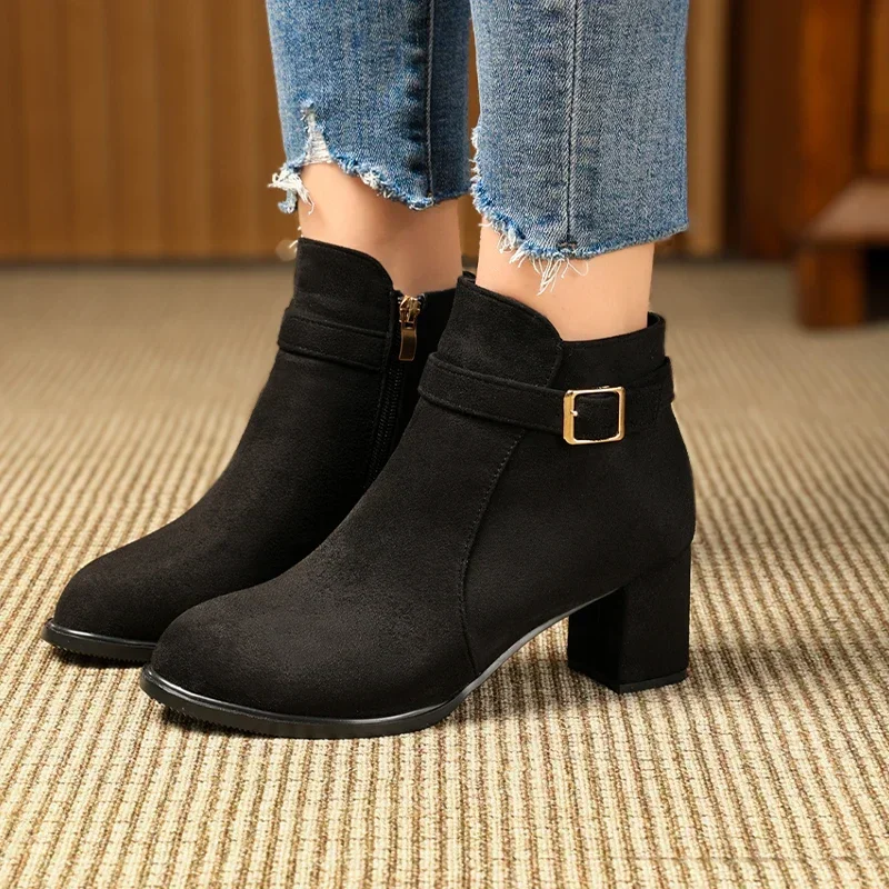 Leopard Suede Women Ankle Boots Mid Heels Chunky Shoes Women's Winter 2025 Trend New Fashion Designer Elegant Female