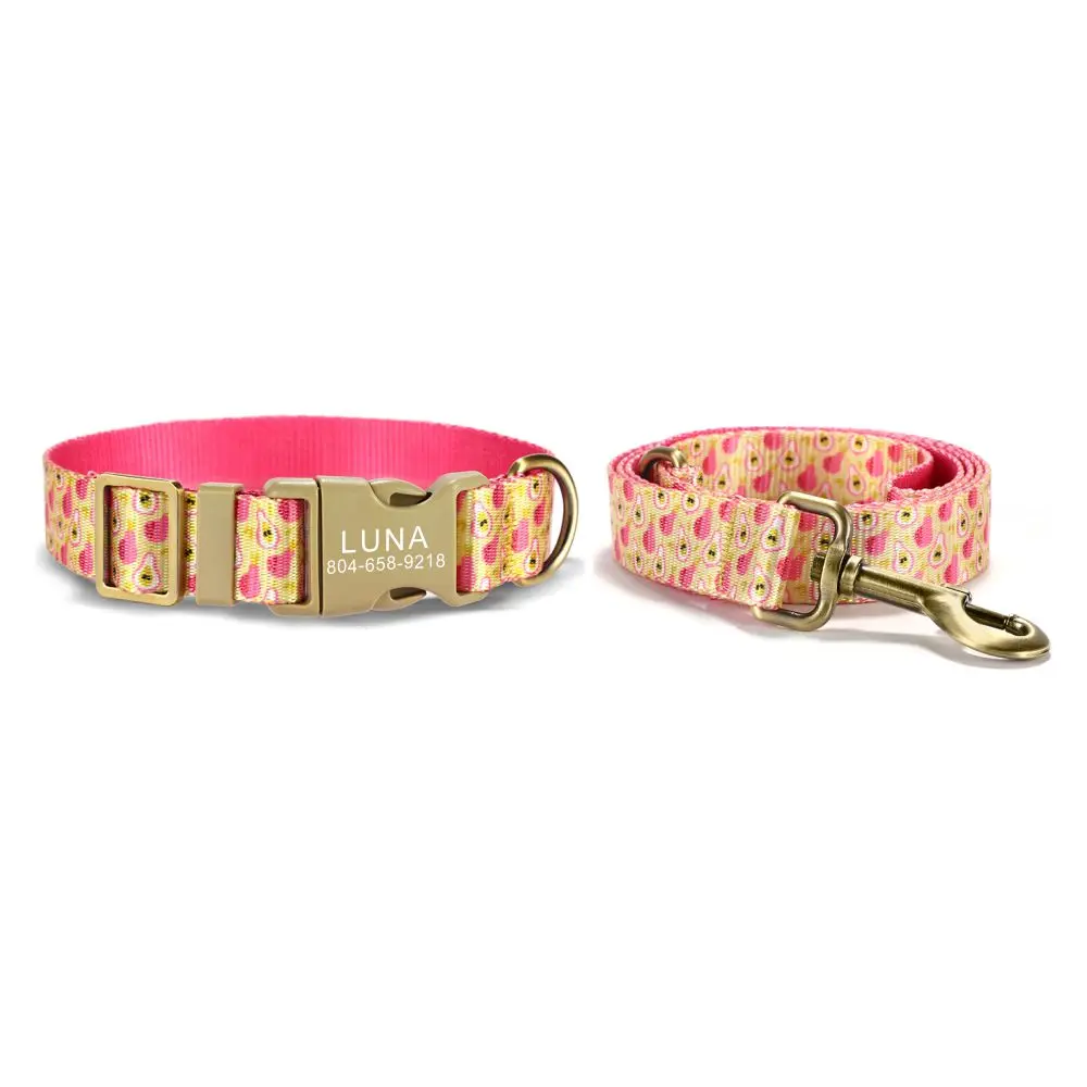 

Personalized Pet Collar Customized Nameplate ID Adjustable Pink Pear Soft Fiber Cat Dog Collars Lead Leash