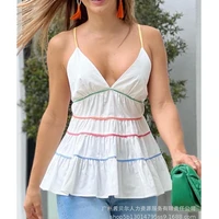 women camis top summer sexy striped pleated patchwork top womens fashion sleeveless v neck spaghetti strap backless bandage top