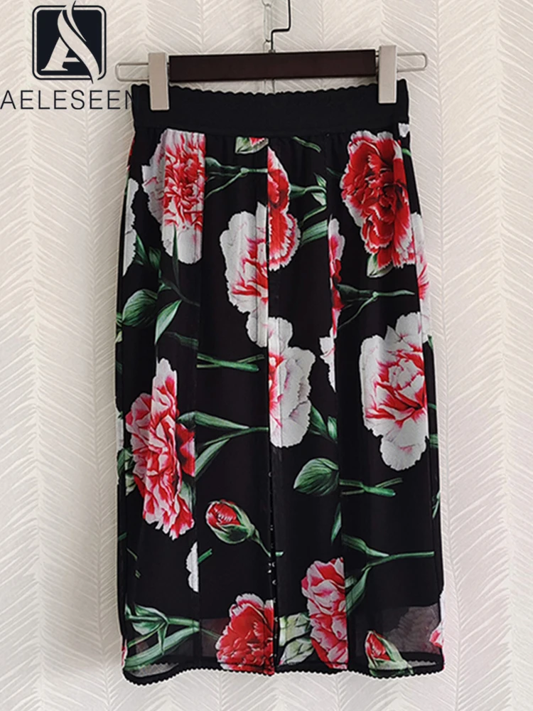 

AELESEEN Designer Fashion 2022 Summer Skirt Women Black Red Floral High Waist Sexy Vintage Office Lady Slim Elastic