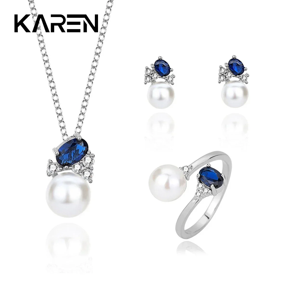 

KAREN S925 Sterling Silver Pearl Sapphire Fashion Trend Necklace Ring Earring Set for Valentine's Day Gift Women's Jewelry