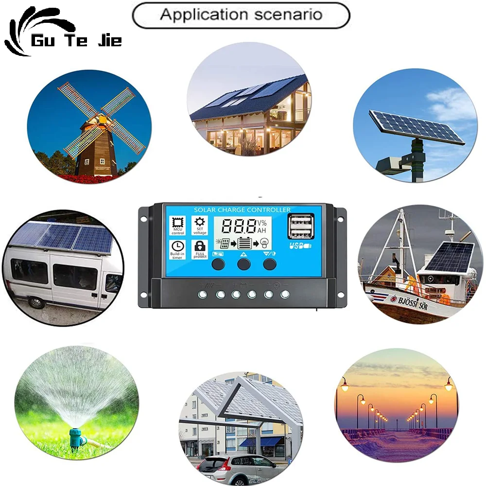 

10A 20A 30A 40A 50A 60A Solar Charge Controller 12V 24V Auto PWM 5V Output Regulator PV Home Battery Charger LCD Dual USB