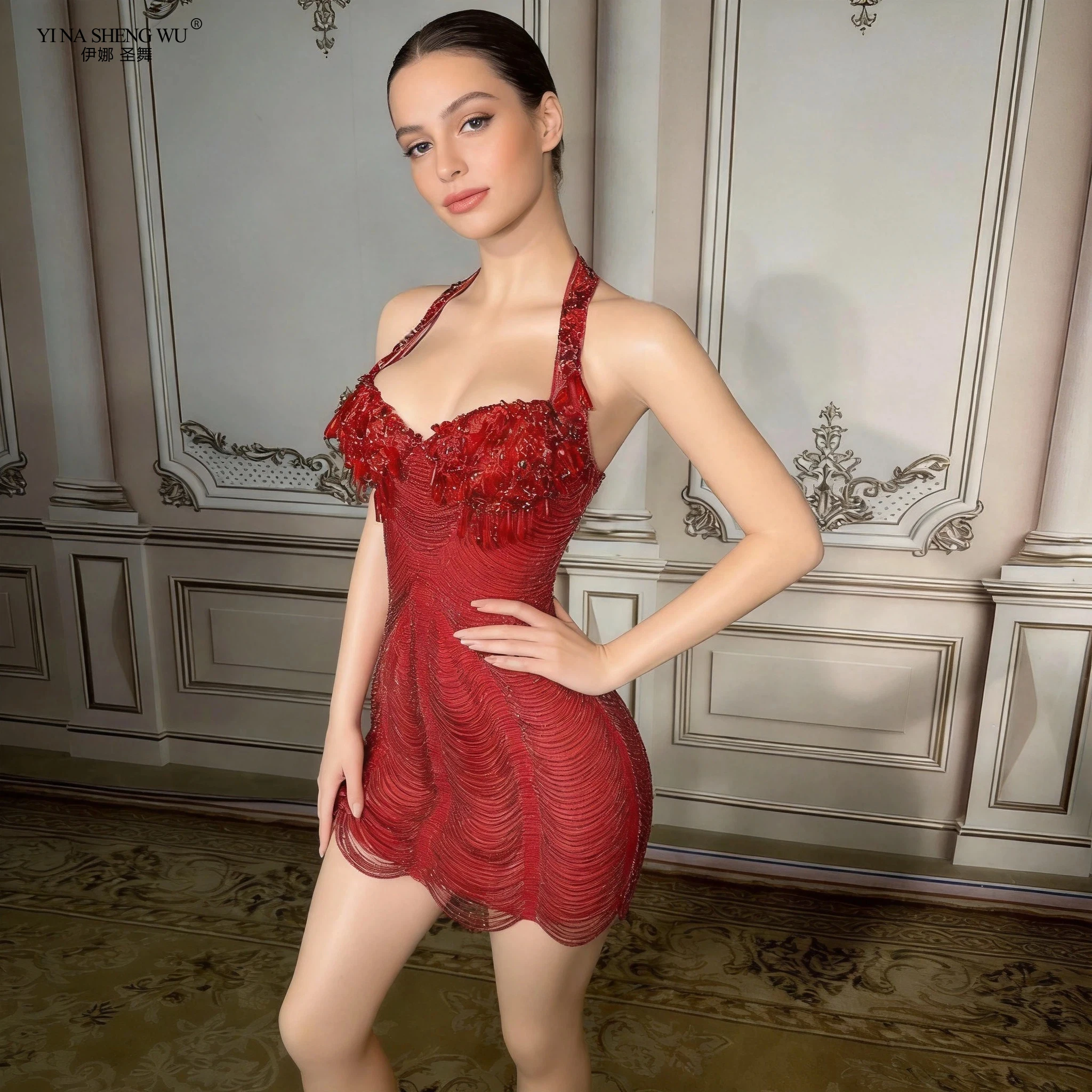 Фото Красное блестящее платье Yiling с пайетками, сексуальное, из прозрачной сетки, короткое, для дня рождения, сценических выступлений и других мероприятий. №1