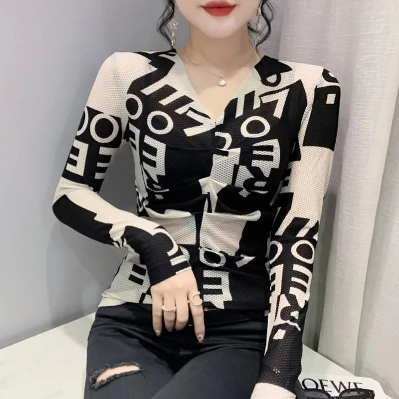 

#7929 Long Sleeve T Shirt Women V-neck Folds Korean Style Sexy Short Tee Female Long Sleeve Tee Shirt Femme Elastic Mesh Autumn