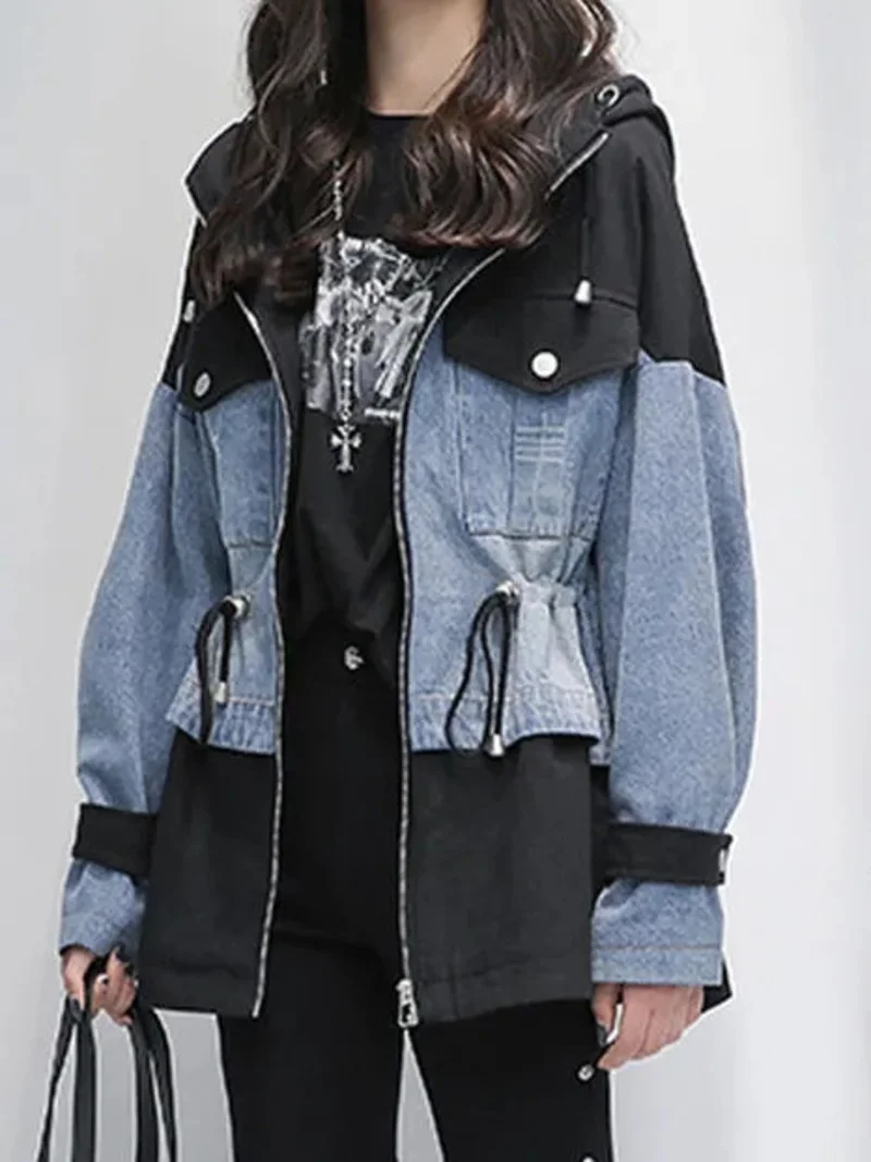 

Chic Women Denim Patchwork Windbreaker 2023 Autumn Oversize Drawstring Stitching Slim Waist Hooded Jean Jacket Mid-Length Coats