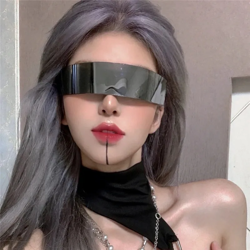 

Y2K Future Warrior Rimless Sunglasses One Piece Lens Wrap Around Cyber Punk Futuristic Men Women Hip Hop Party Sun Glasses 2023