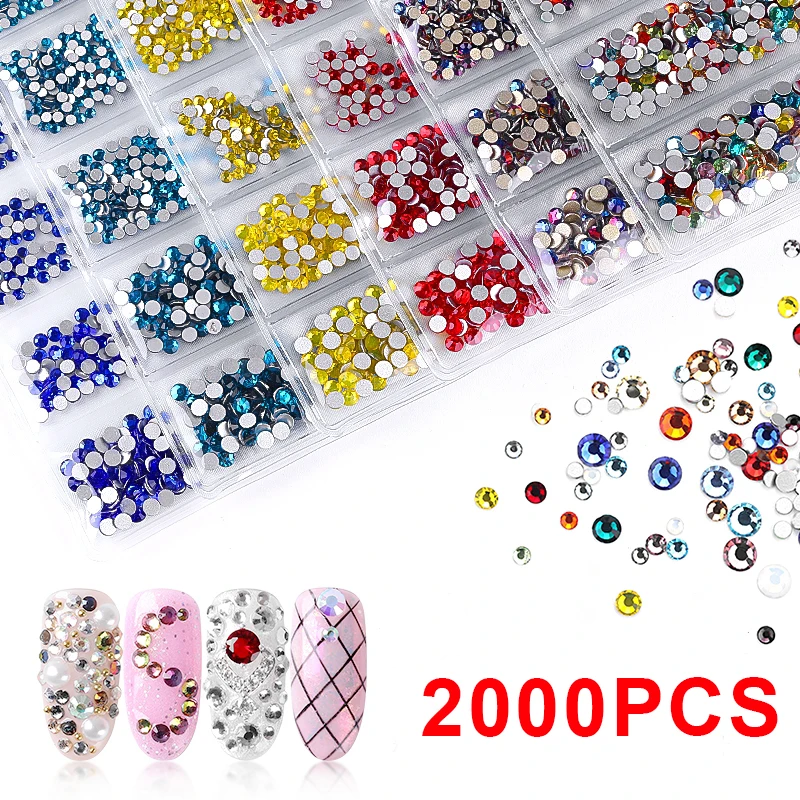 

2000pcs Clear Crystal Non HotFix FlatBack Rhinestones Mixed Color Loose Beads DIY Glitter Stone 3D Nail Art Decoration Accessory