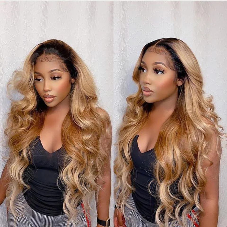 

Ombre Honey Blonde Body Wave Wig Highlight T1b/27 T 1B/30 T1B/ Burgundy Colored Human Hair Wigs For Women 13x4 Frontal 180%