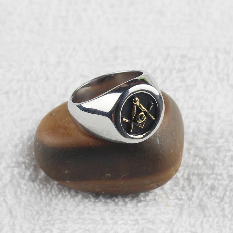 Мужское серебристое и золотистое тисненое масонское кольцо из нержавеющей стали