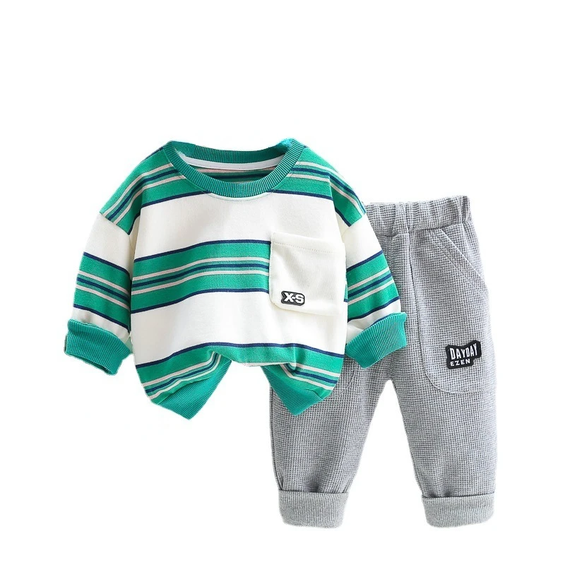 

Новинка, одежда для маленьких мальчиков на весну и осень, Повседневная хлопковая футболка в полоску для девочек, штаны, 2 шт./компл., костюм для малышей, детская спортивная одежда