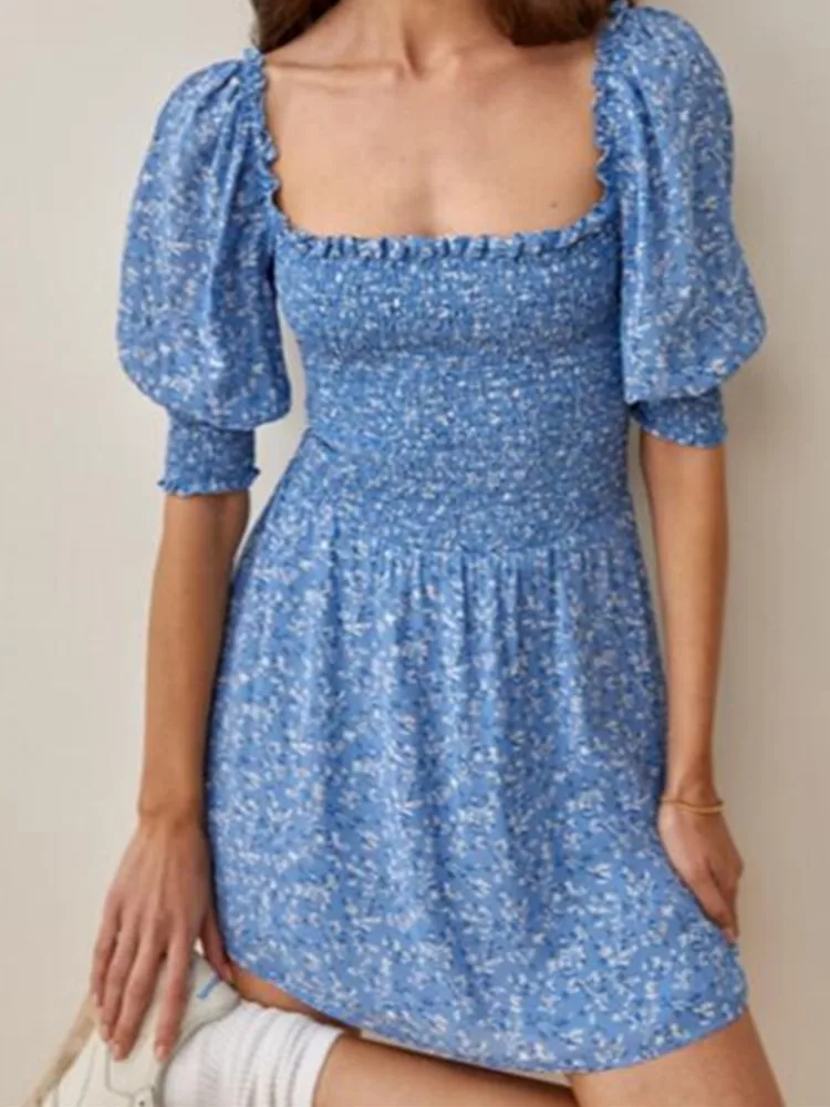 

Holiday Style Square Collar Blue Floral Print Dress Bohemian Puff Sleeve Elastic Ruched Woman Dresses Female Clothes Robe