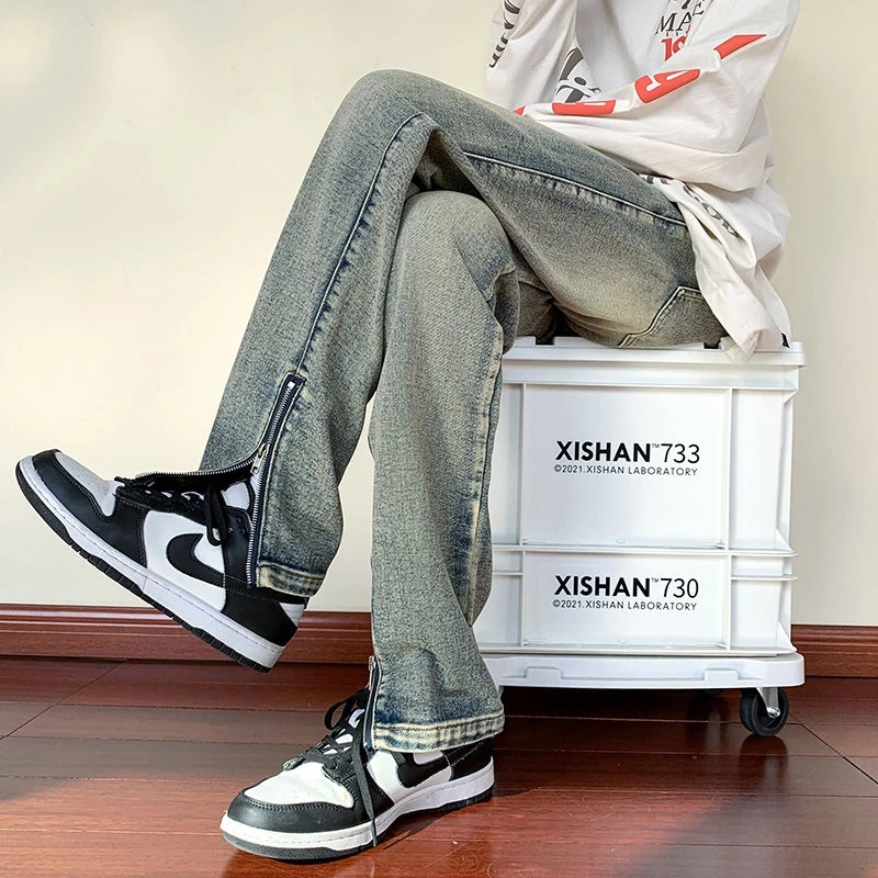 Wide Leg Straight Leg Jeans American High Street Trend Ankle Zipper Design Fashionable And Versatile Men'S Pants