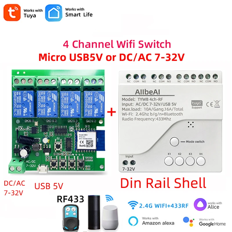 

4CH Tuya Smart Wifi Motor Switch Module,DC 12V 24V 32V,RF433 Radio Remote Control,4 Channel Inching Relay,Alexa GoogleHome Alice