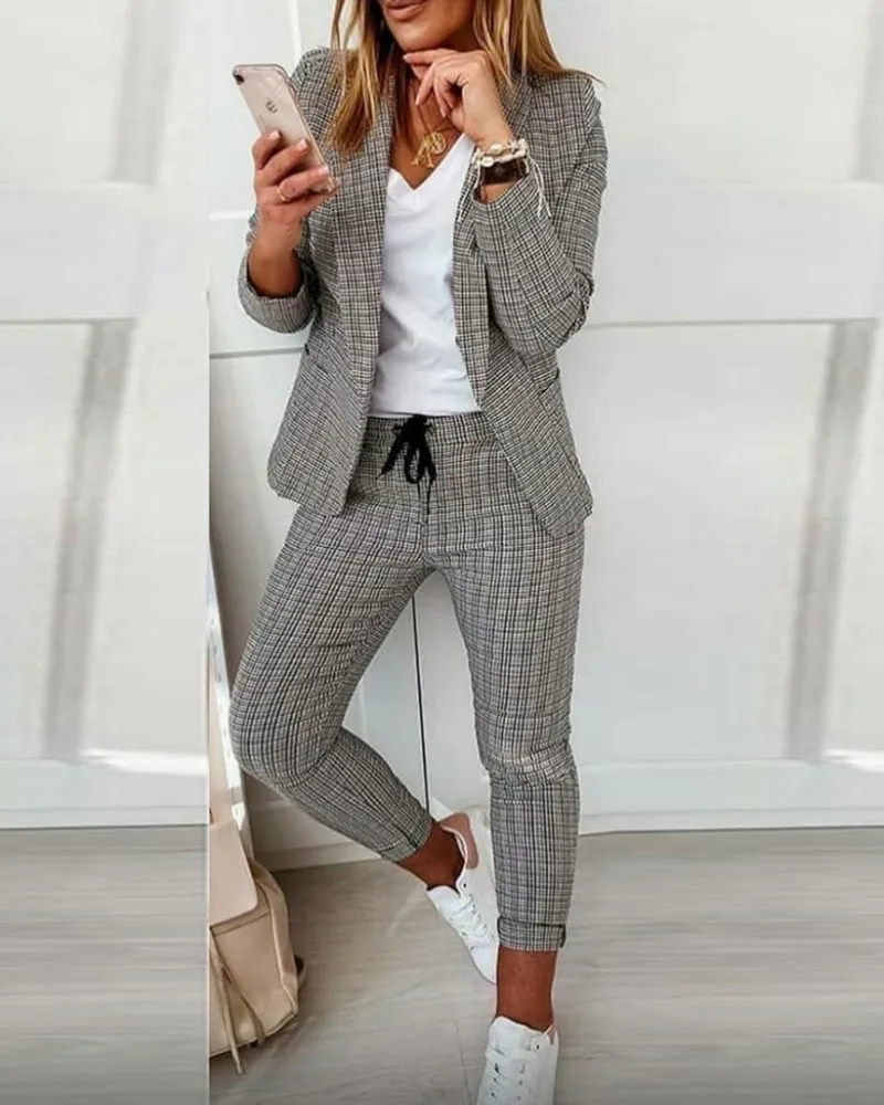 Casual Blazer Plaid Printing Suit Spring Summer New Lapel Single Button Jacket & Drawstring Pants Sets Women's Clothing 2 Piece
