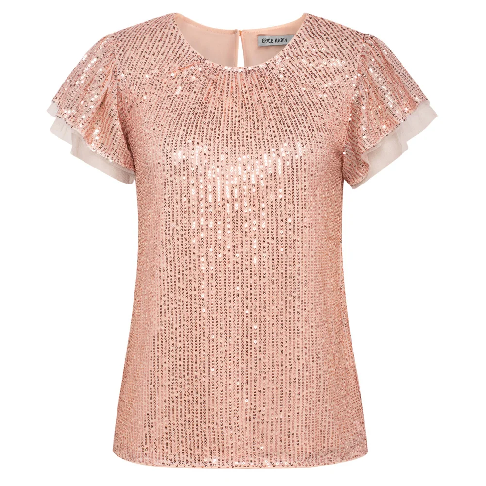 GK женская футболка с блестками вечерние топы короткими воланами и круглым