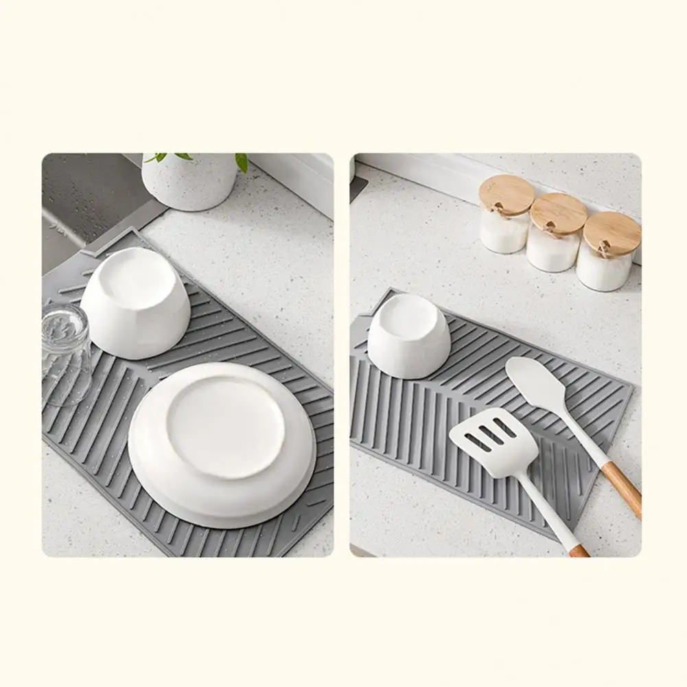 Фото Нескользящий коврик для сушки посуды, аксессуар для кухонной мойки, нескользящий силиконовый сливной коврик для кухонной стойки со встроенным сливом для раковины №1