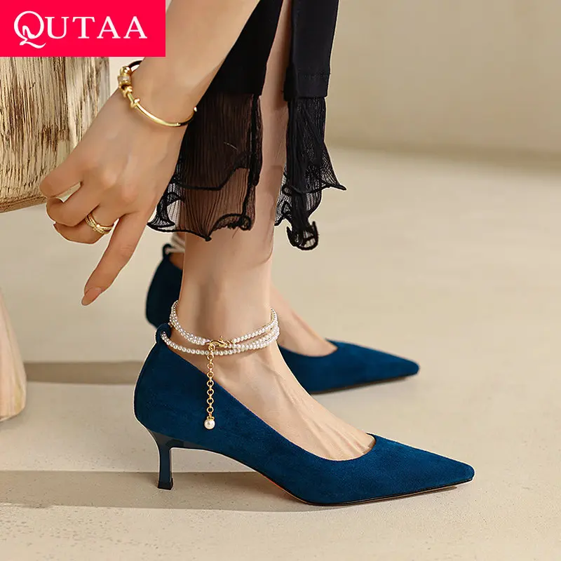 QUTAA 2022 Spring Summer Pointed Toe Classic Women Pumps Kid Suede Thin Med Heel String Bead Female Shoes Big Size 34-43