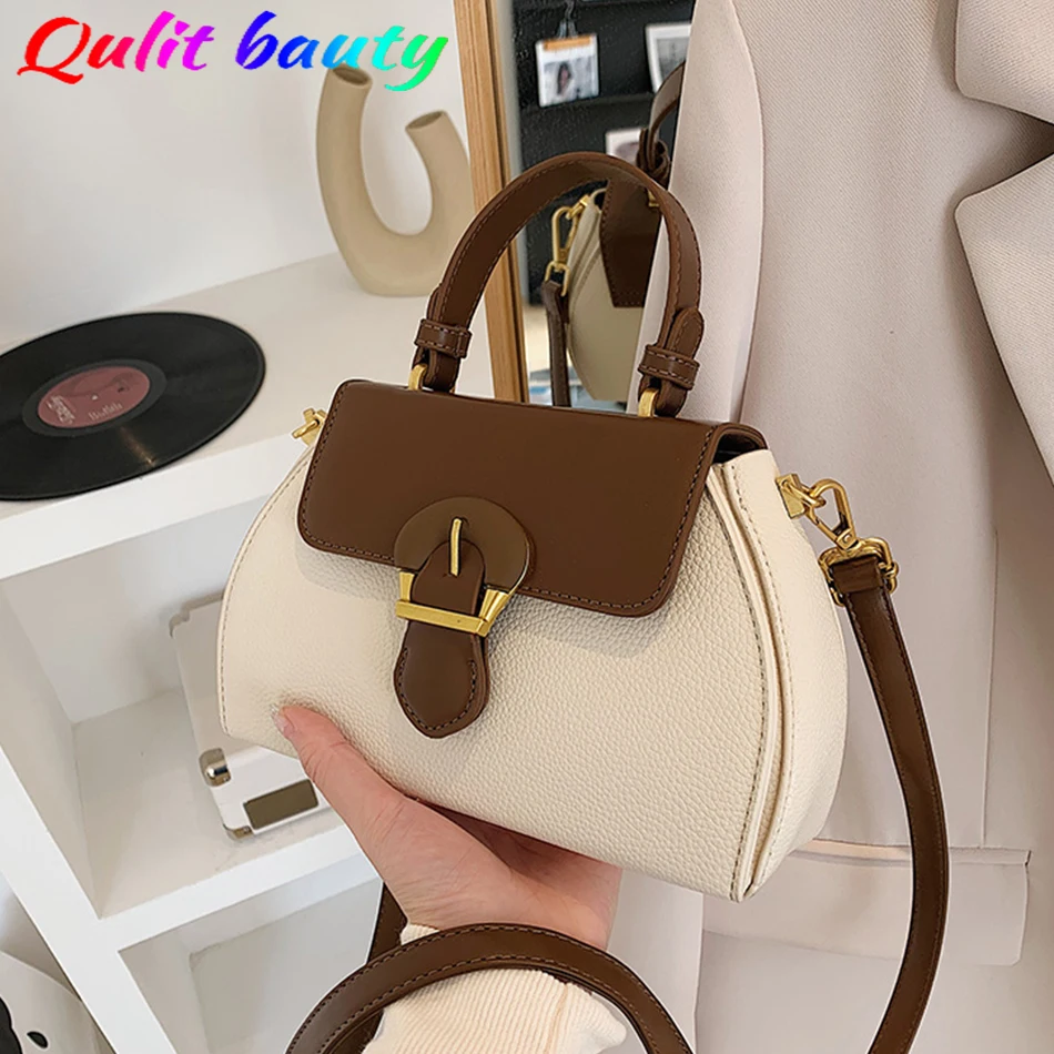 

Spring Color Contrast Women's PU Shoulder Crossbody Bag Luxury Brand Small Belt Buckle Tote Designer Narrow Strap Messenger Bag