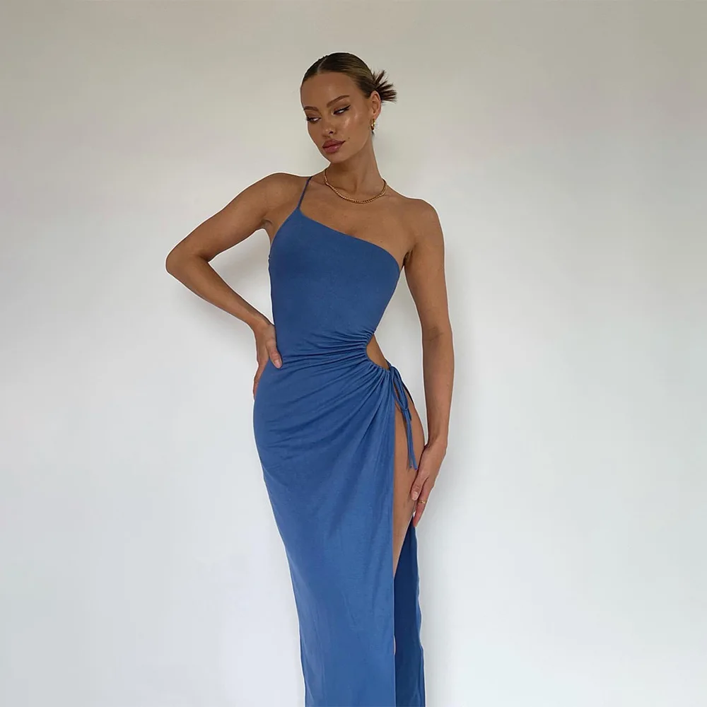 

2022 Summer Women's Inclined One Shoulder Split Open Back Sexy Spice Girl Dress Long