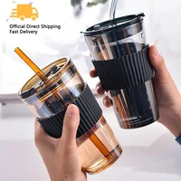 glass straw cup with insulation cover simple 450ml portable coffee milk tea juice reusable glass cup with cover office home