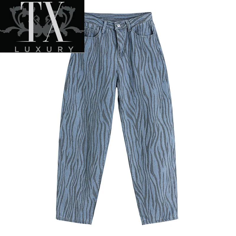 

Streetwear Zebra Stripes Print Women Jeans 90s Vintage High Waist Denim Harem Pants Female Baggy Harajuku Tide Y2K Trousers New