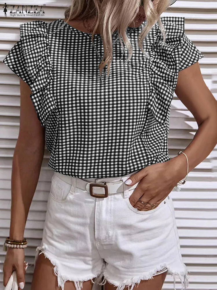 

ZANZEA Summer Fashion Checked Printed Blouse Woman Short Sleeve O Neck Tunic Tops Female Casual Ruffles Shirt Elegant OL Blusas