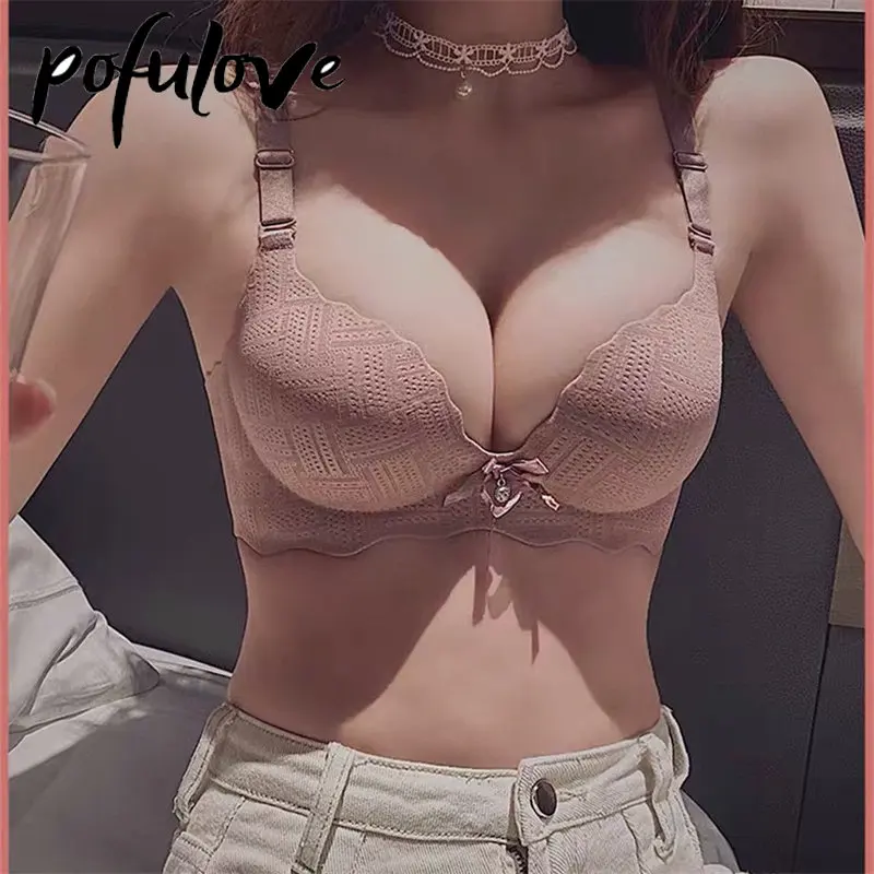 

Соблазнительное бесшовное нижнее белье для девушек с небольшой грудью, бюстгальтер без косточек и регулируемый, сплошной утепленный бюстгальтер с защитой от провисания