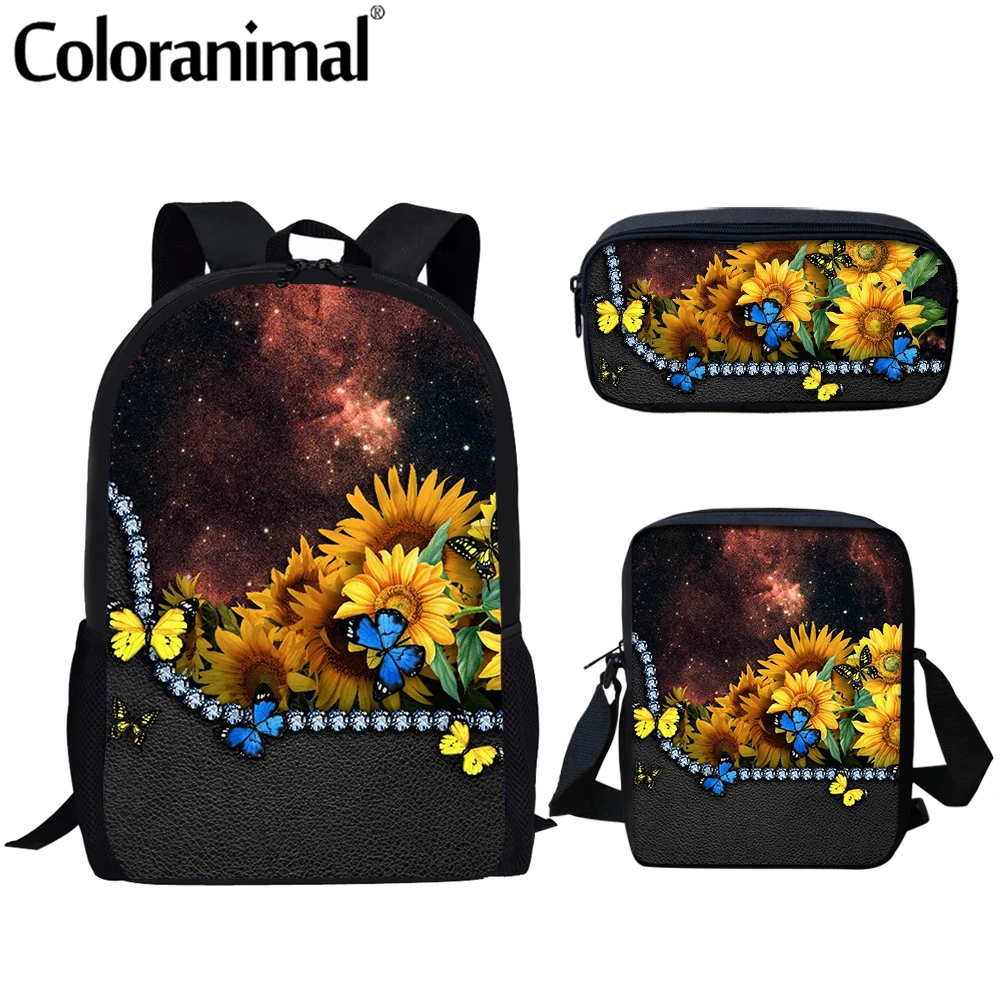 

Coloranimal Pretty Butterflies and Sunflower Galaxy Zipper Design Women Man Backpack Set Big Shoulder School Bag Teenage mochila